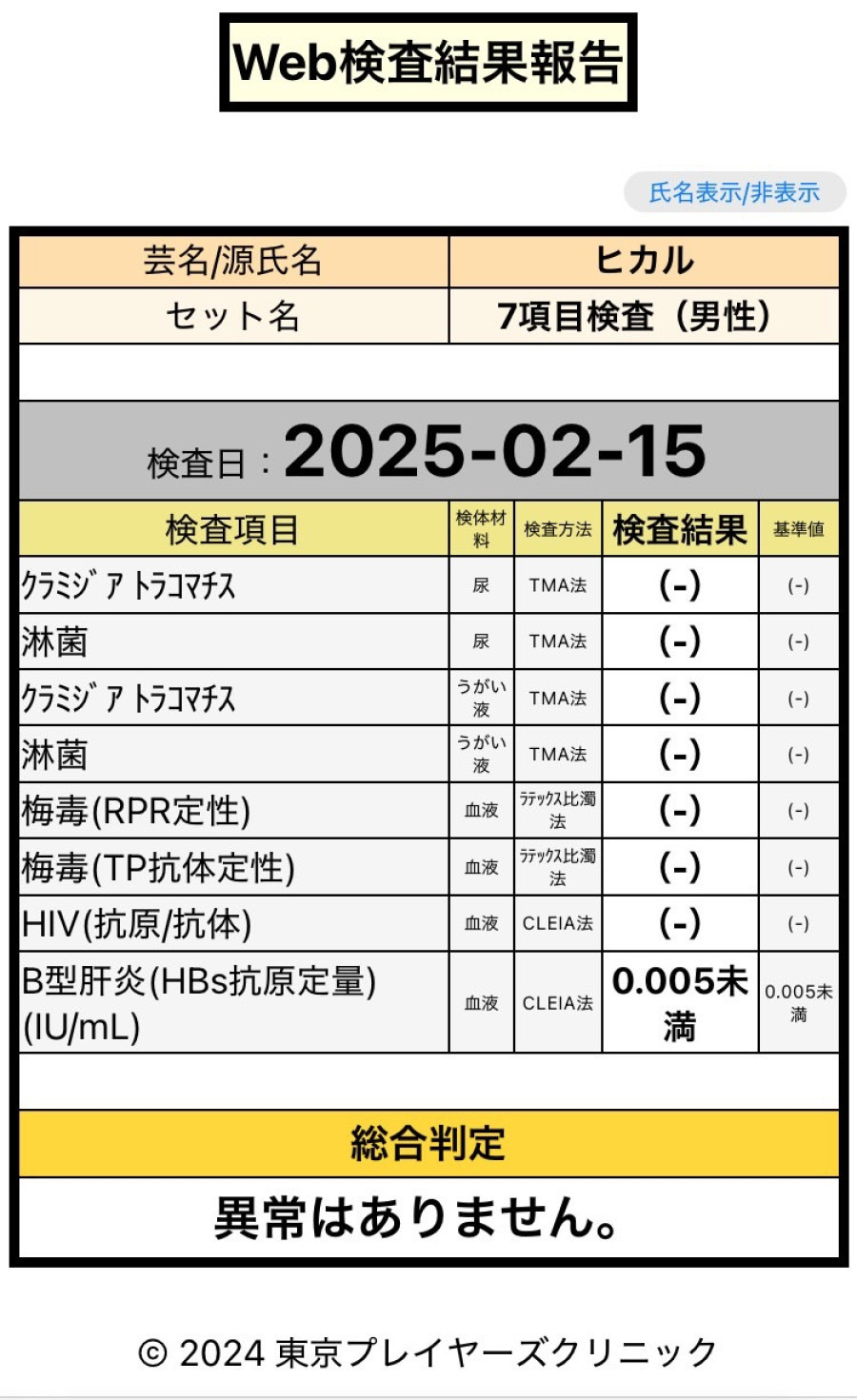 ヒカルの性病検査証明書