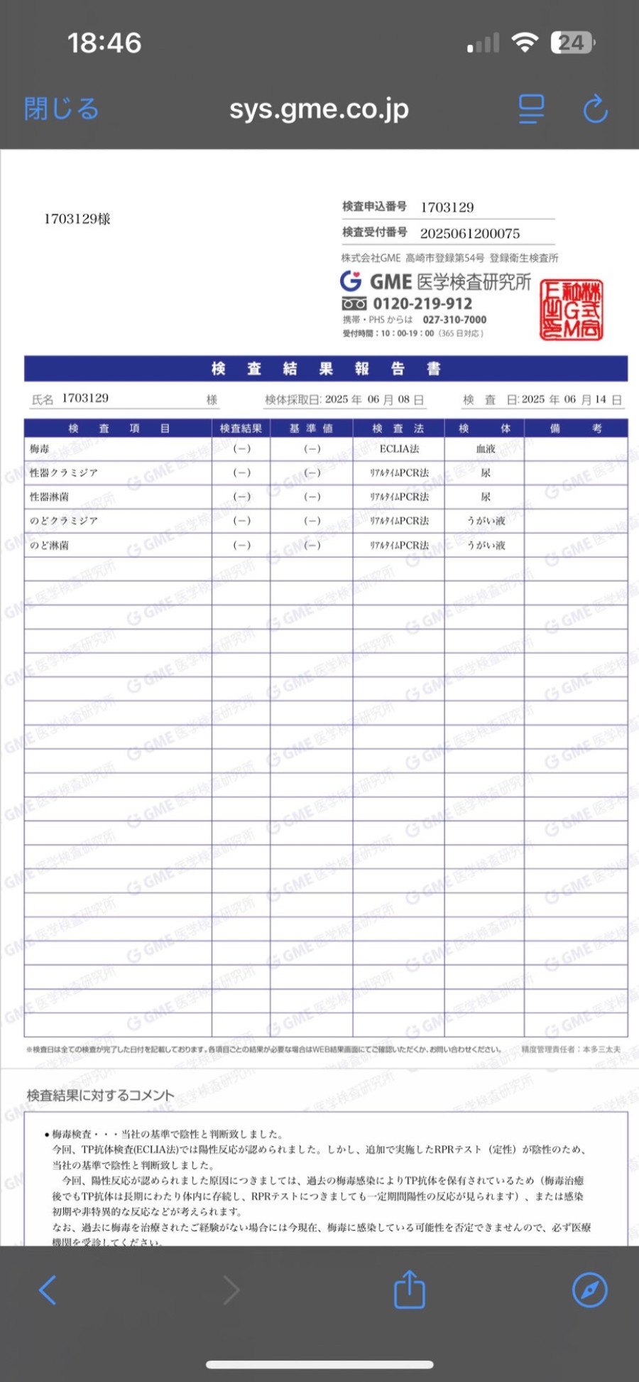 遥の性病検査証明書