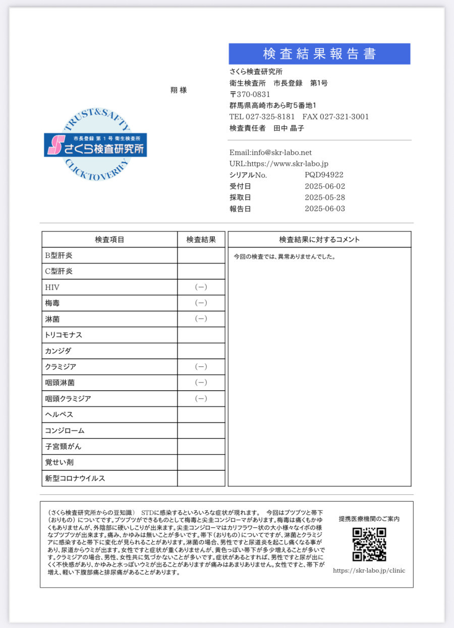 翔の性病検査証明書
