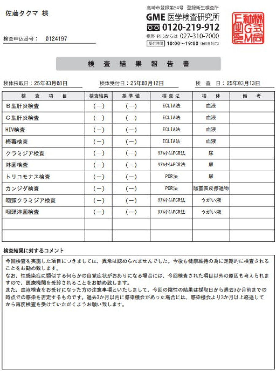 佐藤タクマの性病検査証明書