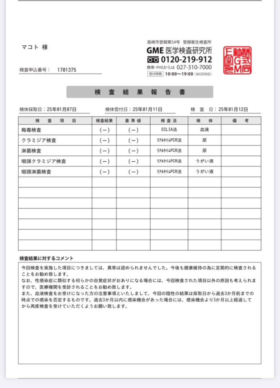 マコトの性病検査証明書