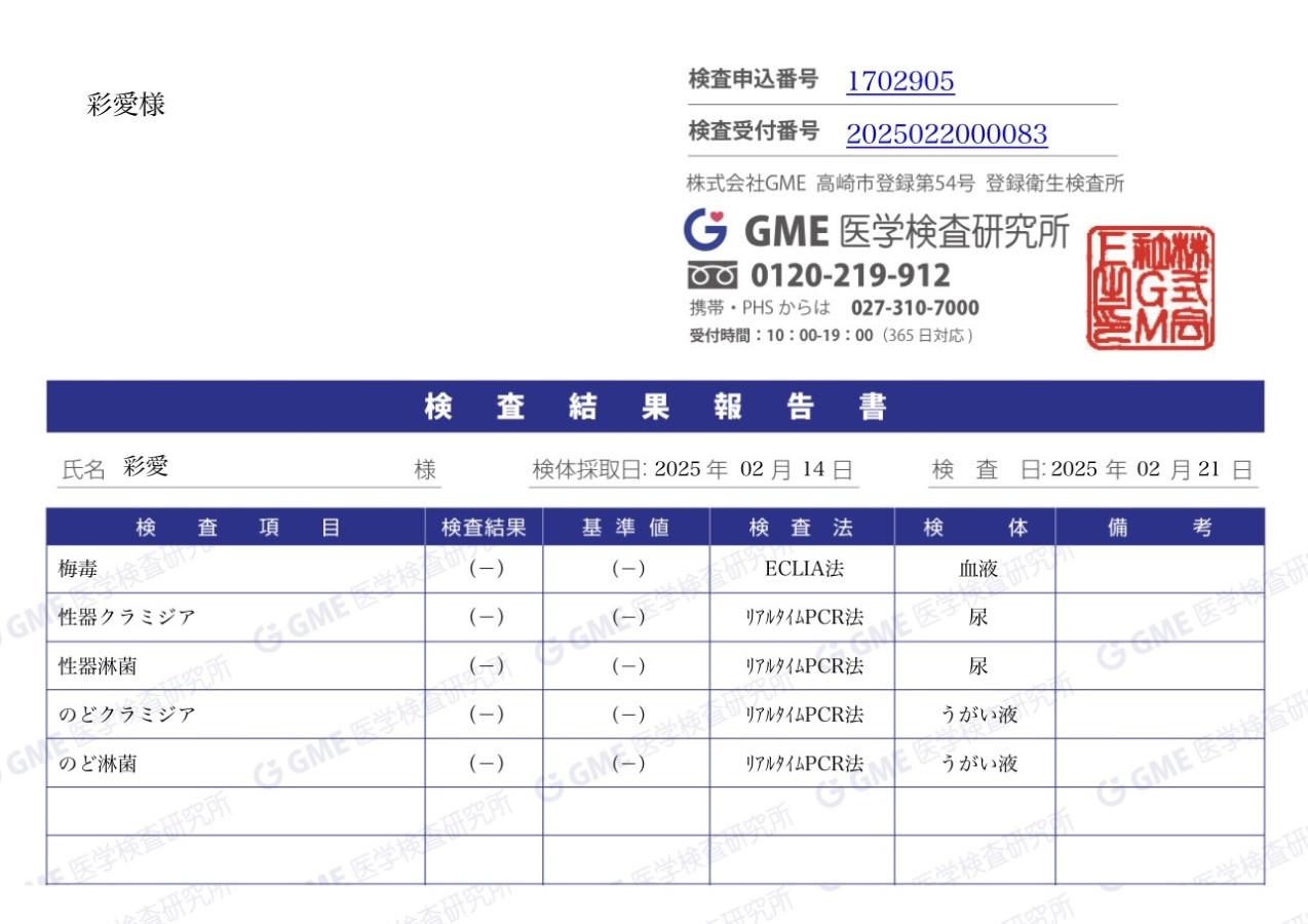彩愛の性病検査証明書