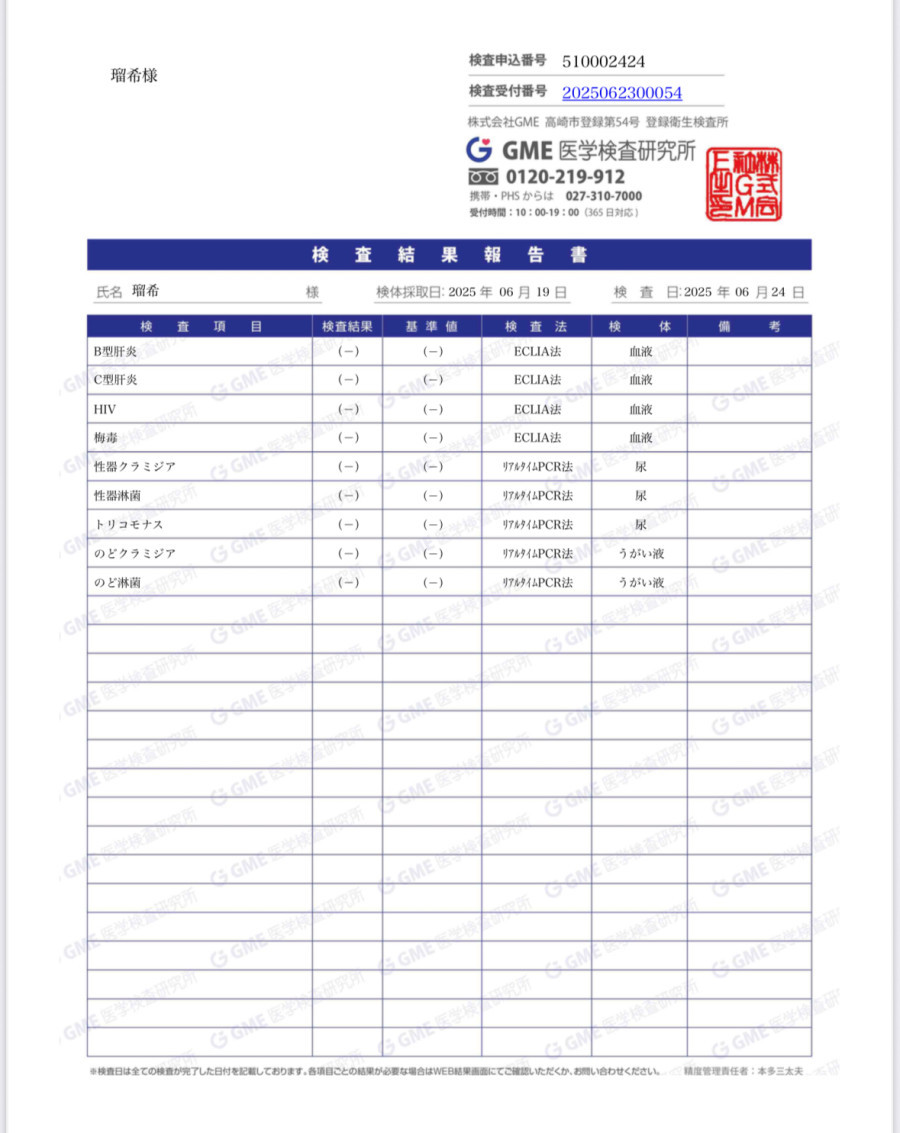 瑠希の性病検査証明書