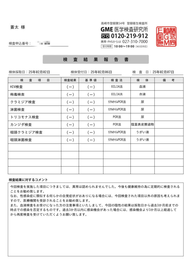 蒼太の性病検査証明書