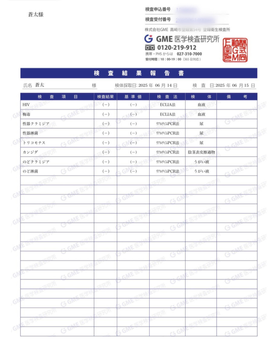 蒼太の性病検査証明書