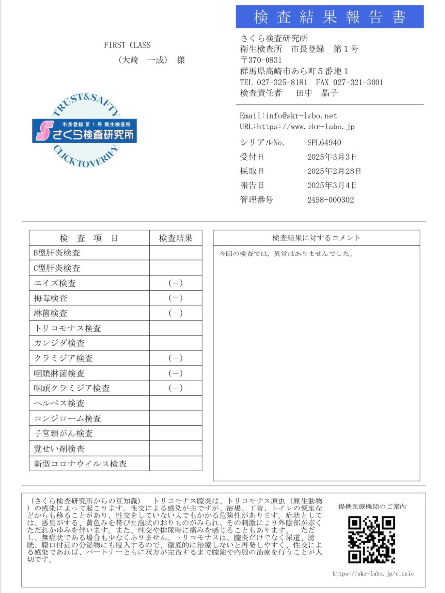 綾瀬 光市の性病検査証明書