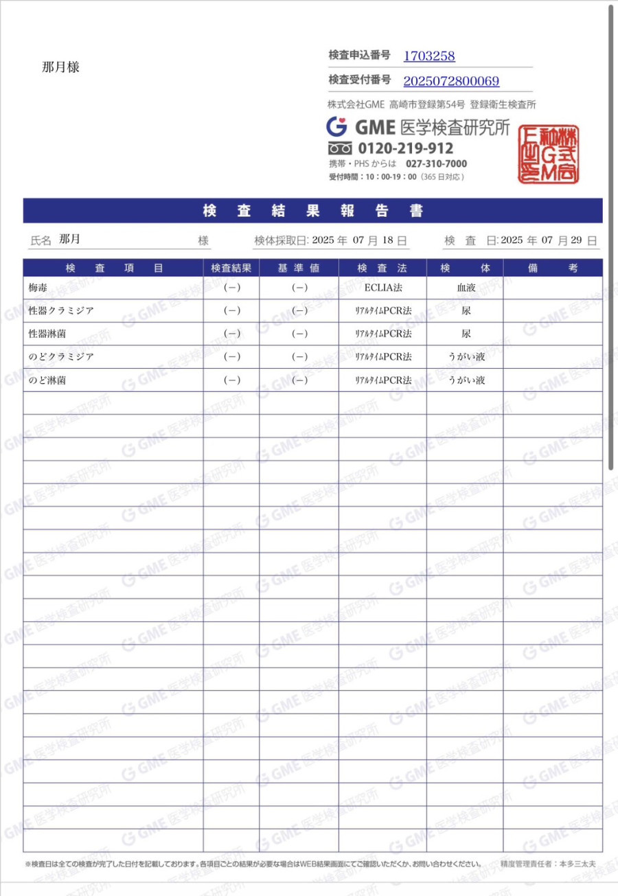 那月の性病検査証明書