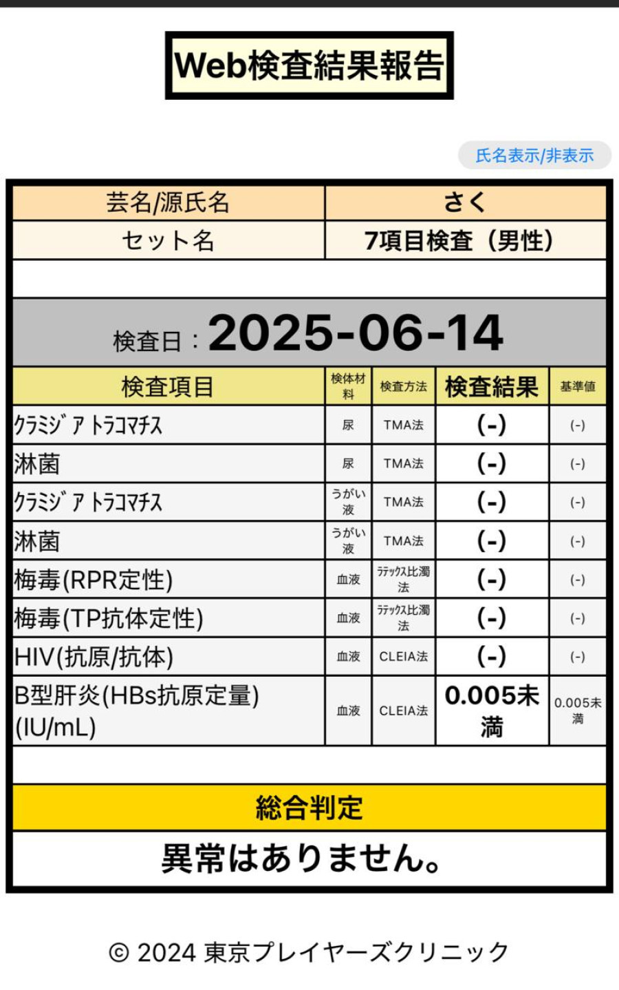 さくの性病検査証明書