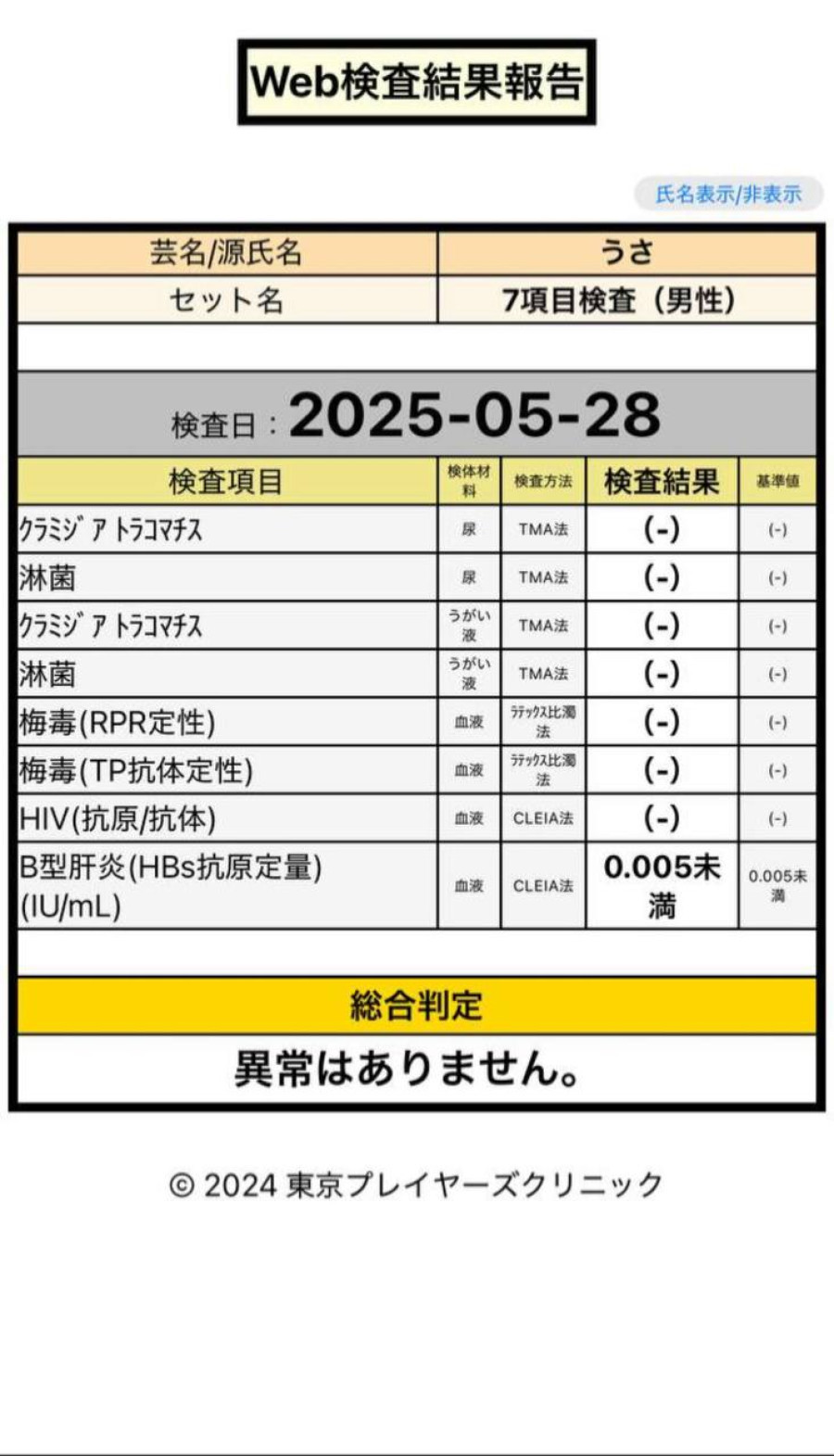 うさの性病検査証明書