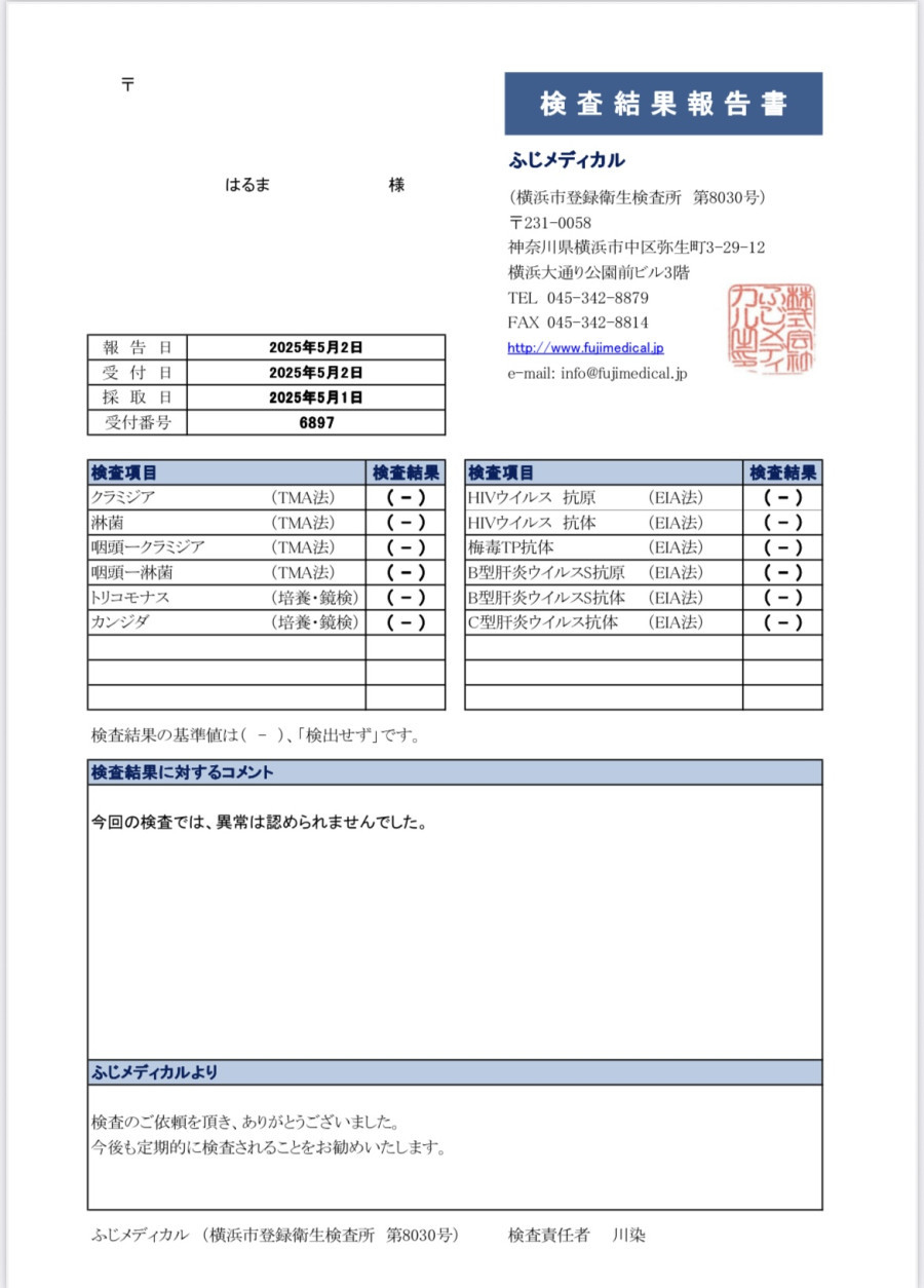 はるまの性病検査証明書