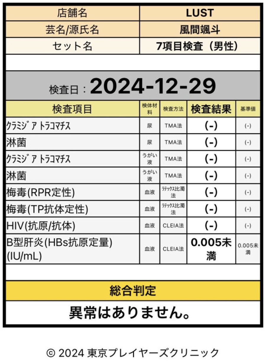 風間 颯斗の性病検査証明書