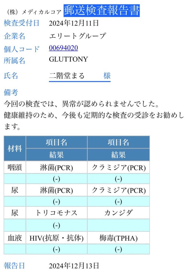 二階堂 まるの性病検査証明書