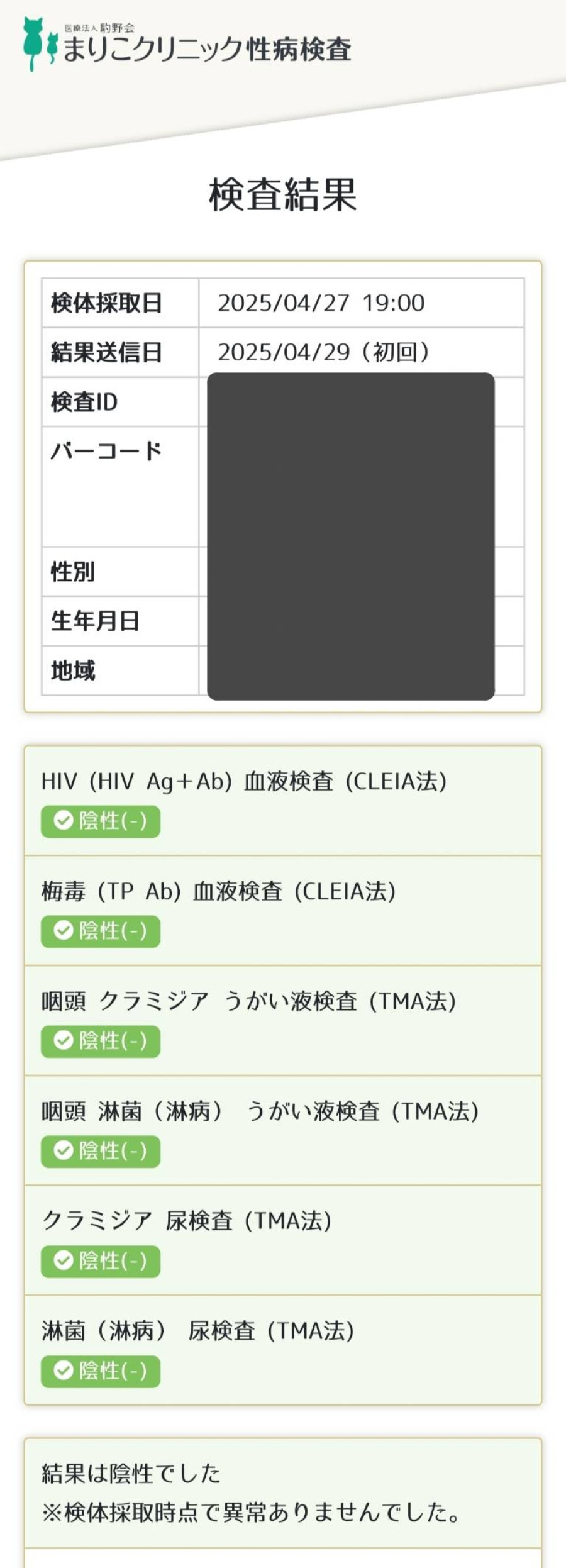 咲真の性病検査証明書