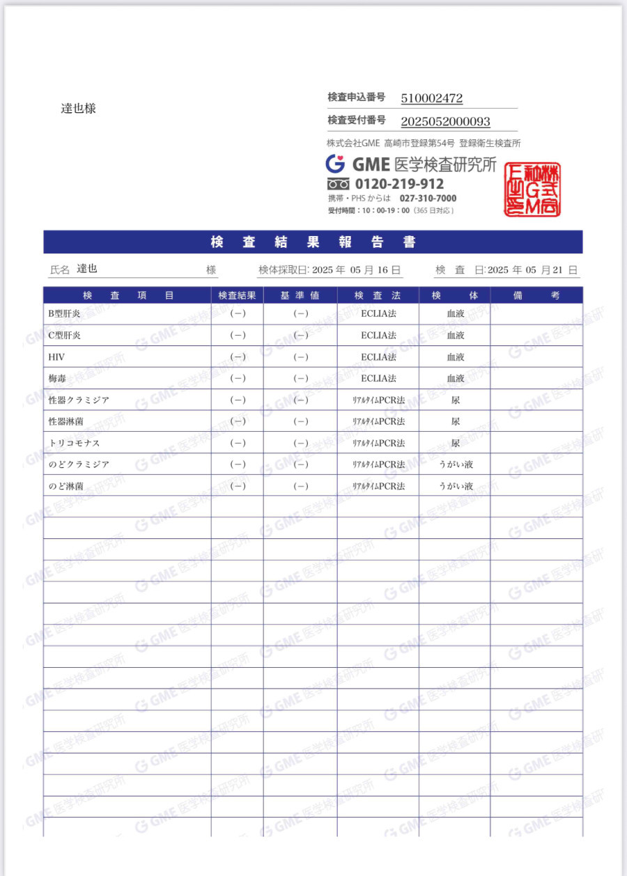 達也の性病検査証明書