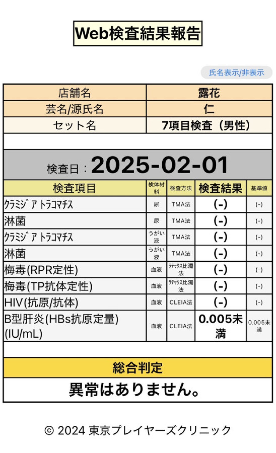 仁の性病検査証明書