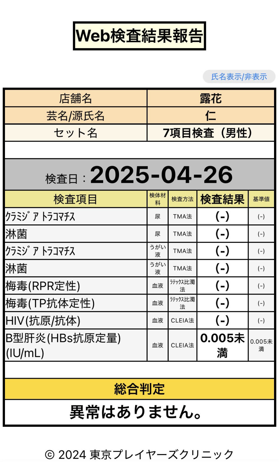仁の性病検査証明書