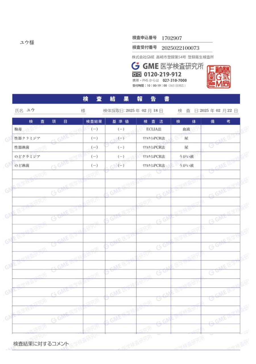 優の性病検査証明書