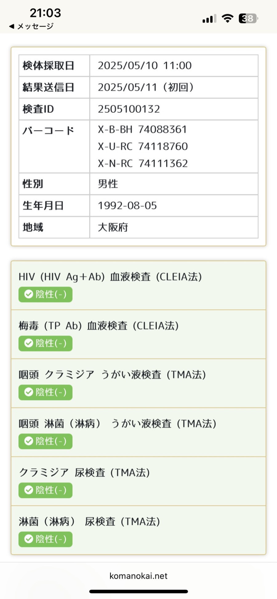 南元 大志の性病検査証明書