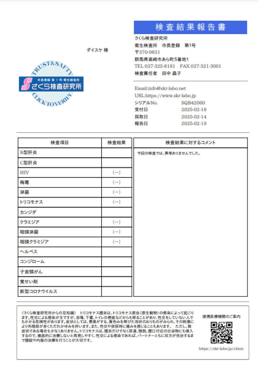 ダイスケの性病検査証明書