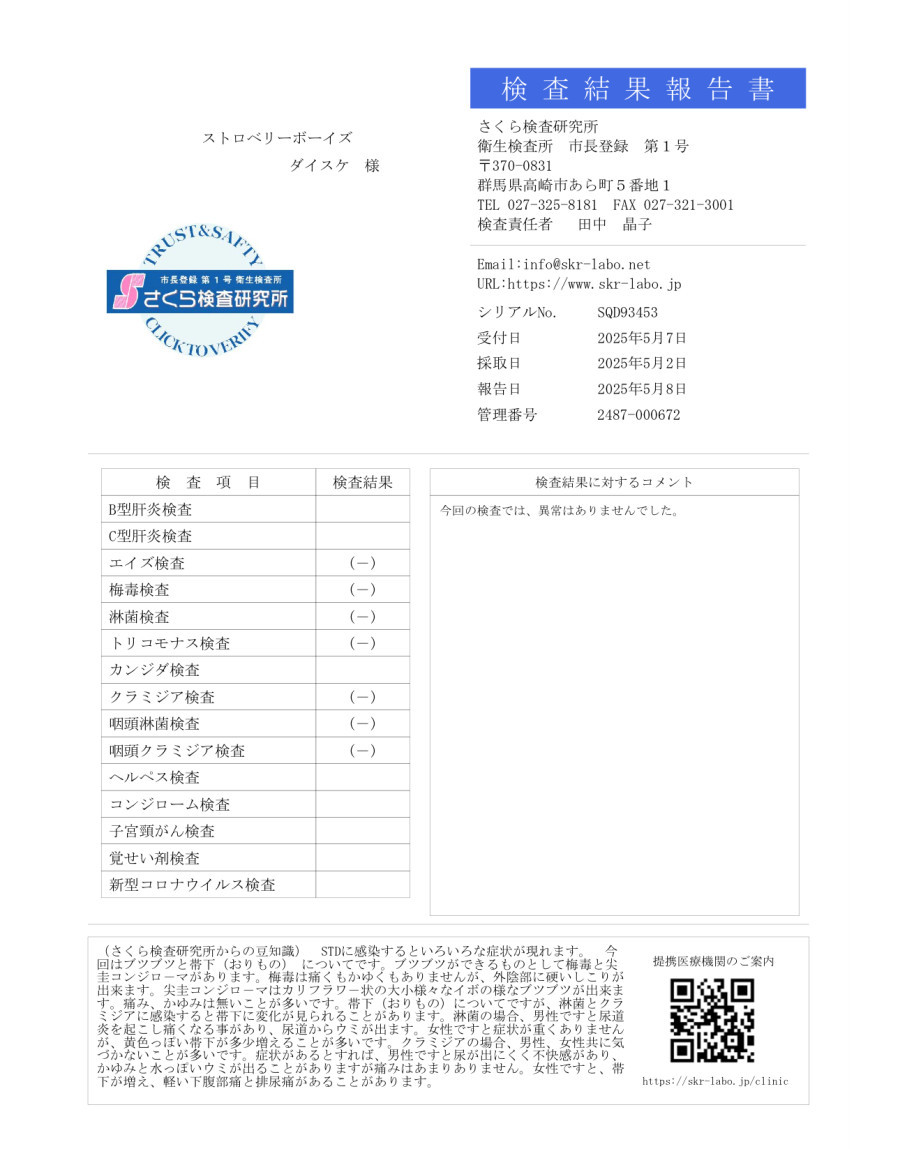 ダイスケの性病検査証明書