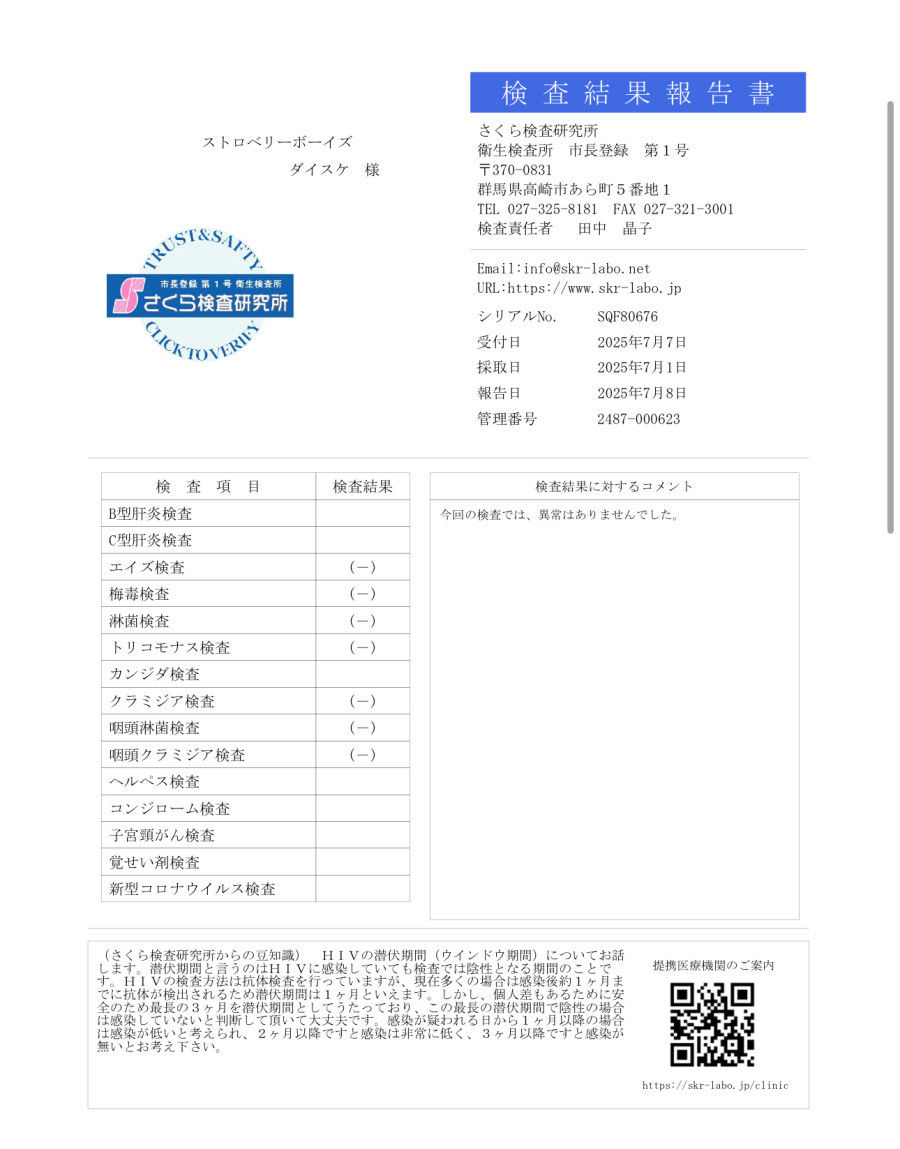 ダイスケの性病検査証明書