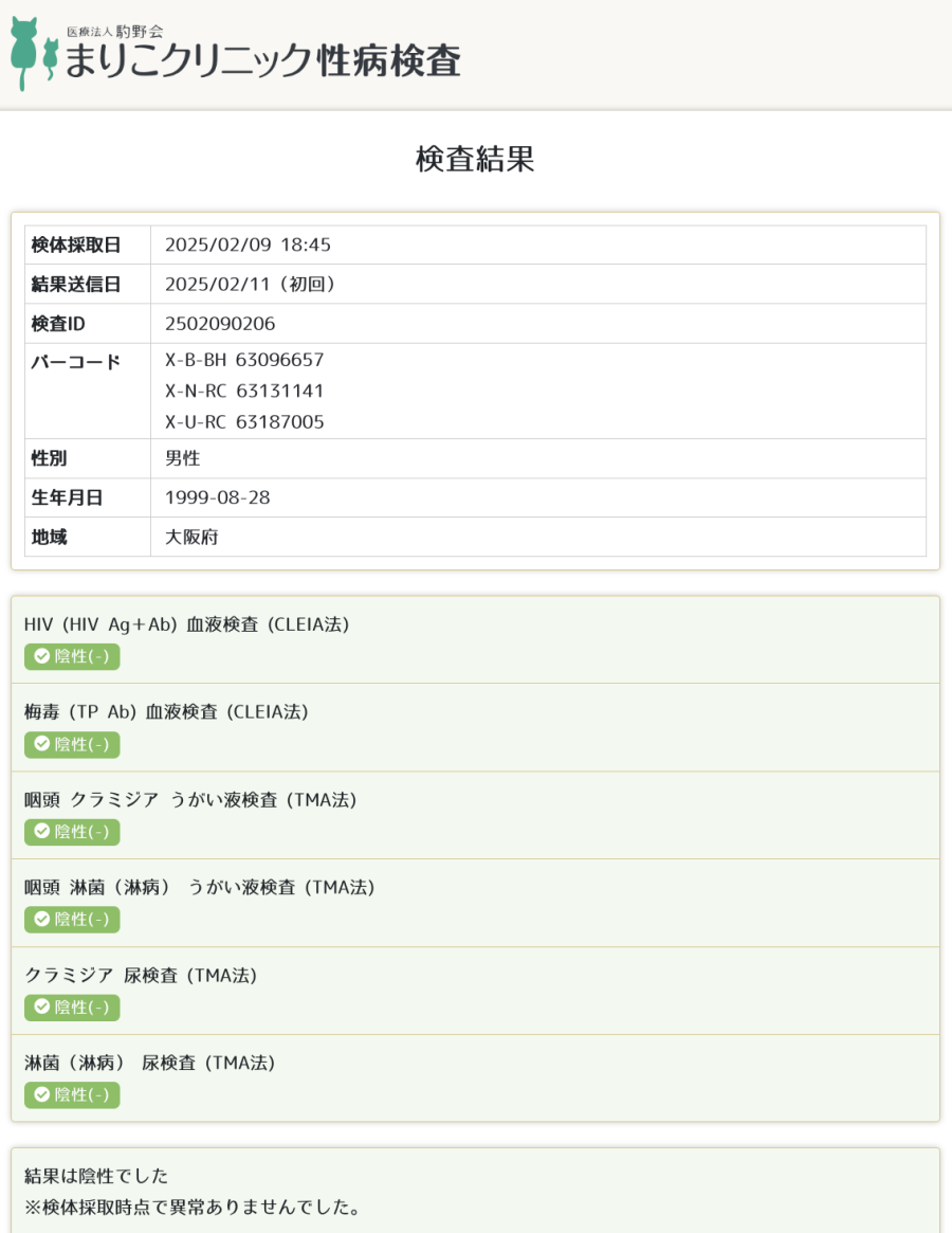 シオンの性病検査証明書