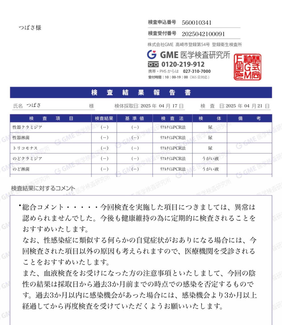 つばさの性病検査証明書