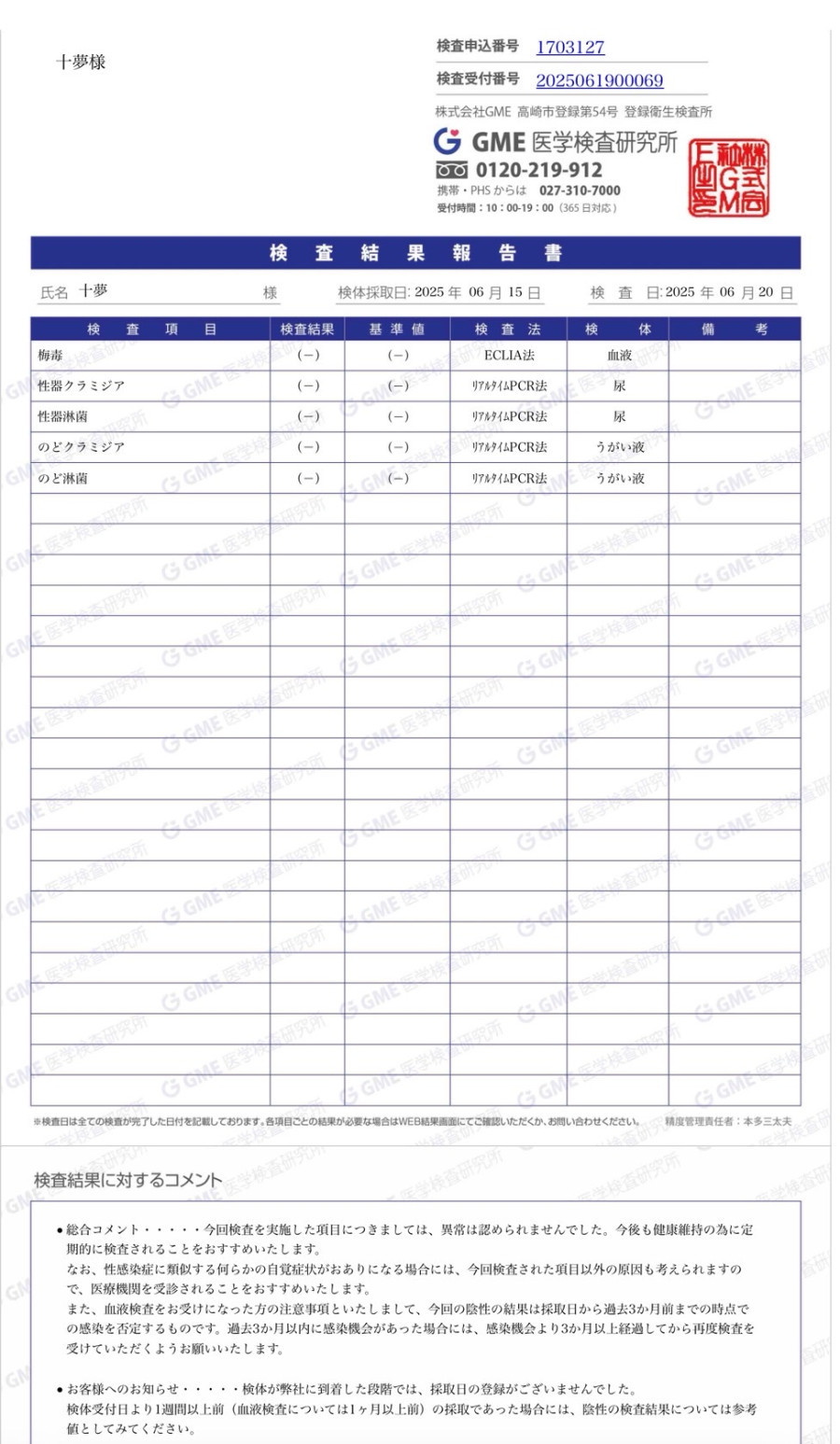 十夢の性病検査証明書