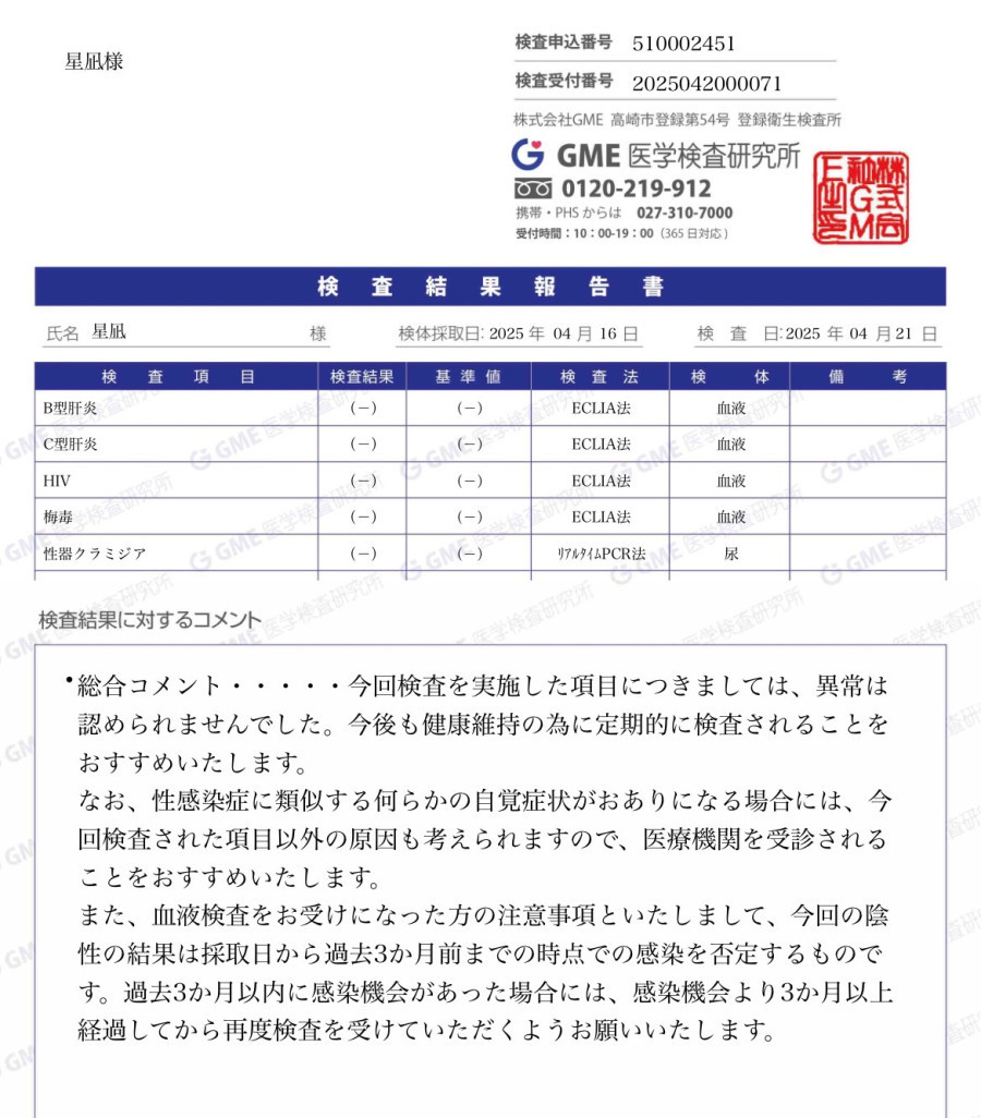 星凪の性病検査証明書