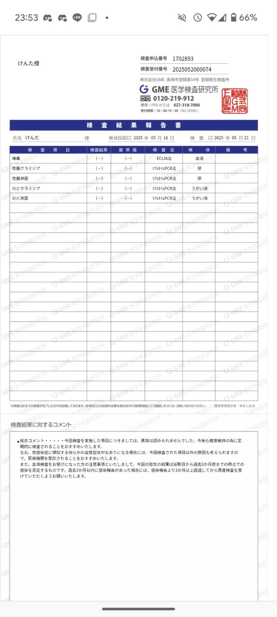 けんたの性病検査証明書