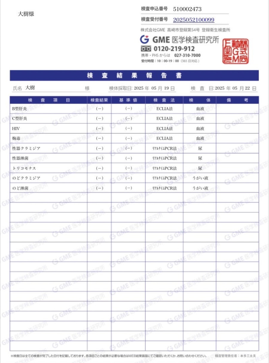 大樹の性病検査証明書