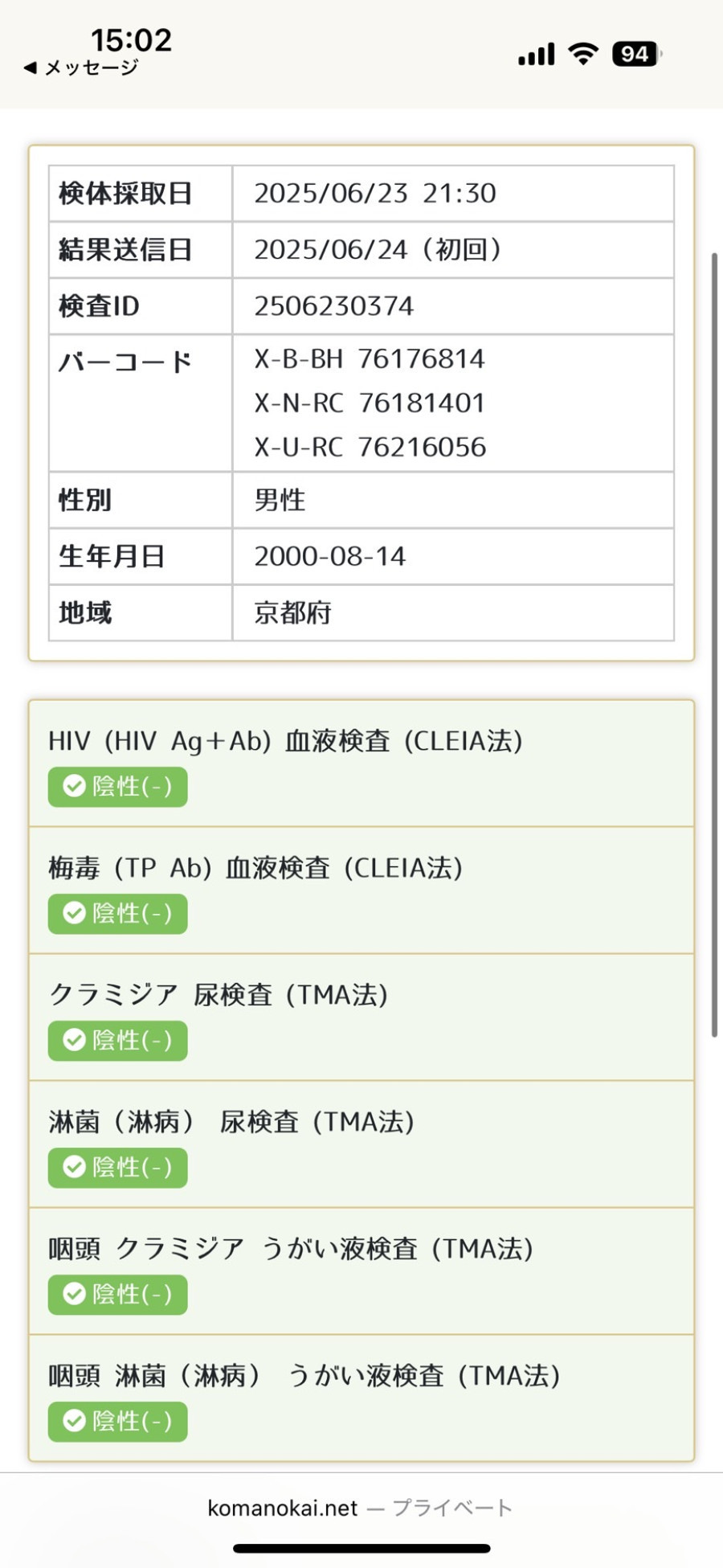 光輝の性病検査証明書