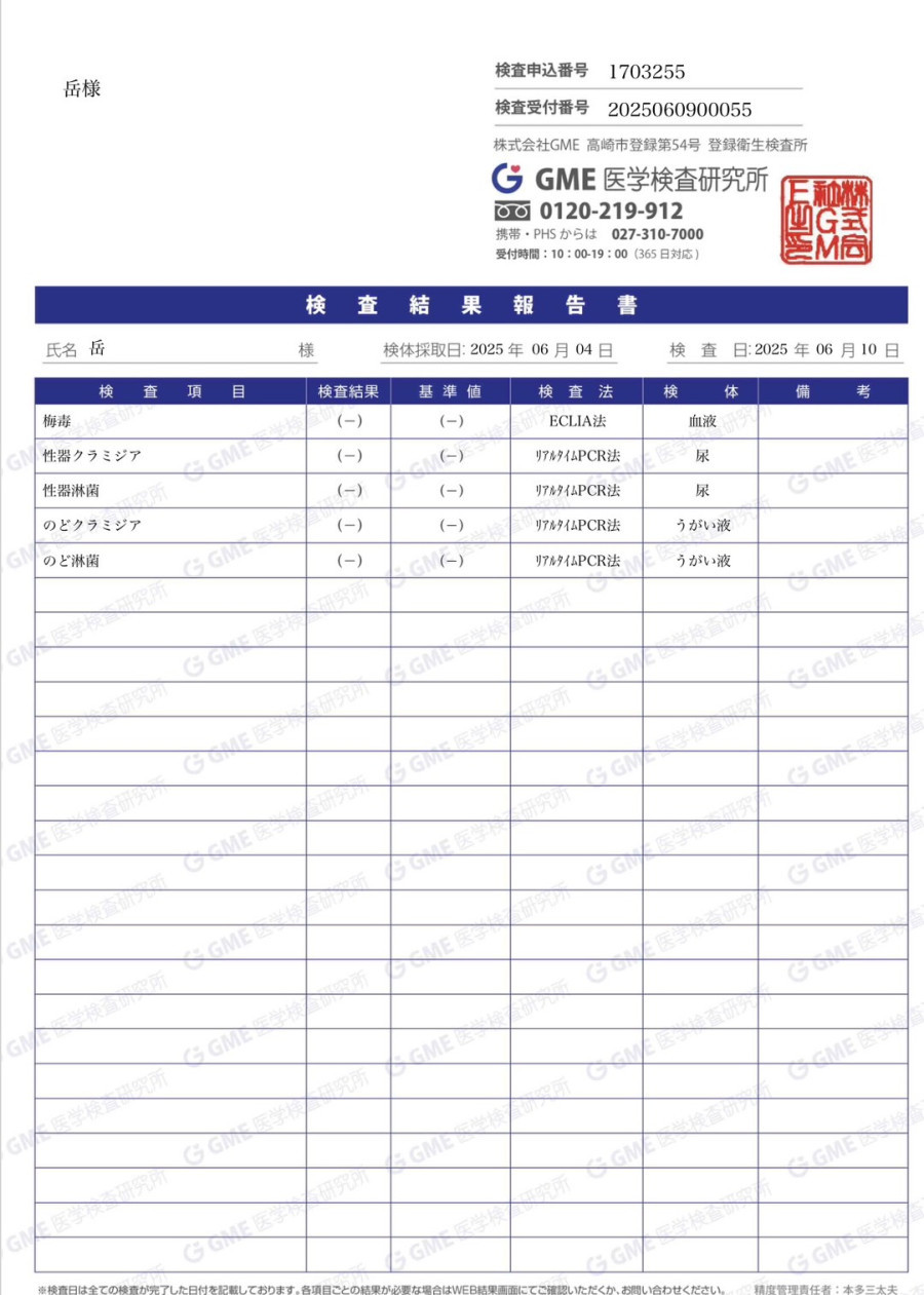 岳の性病検査証明書