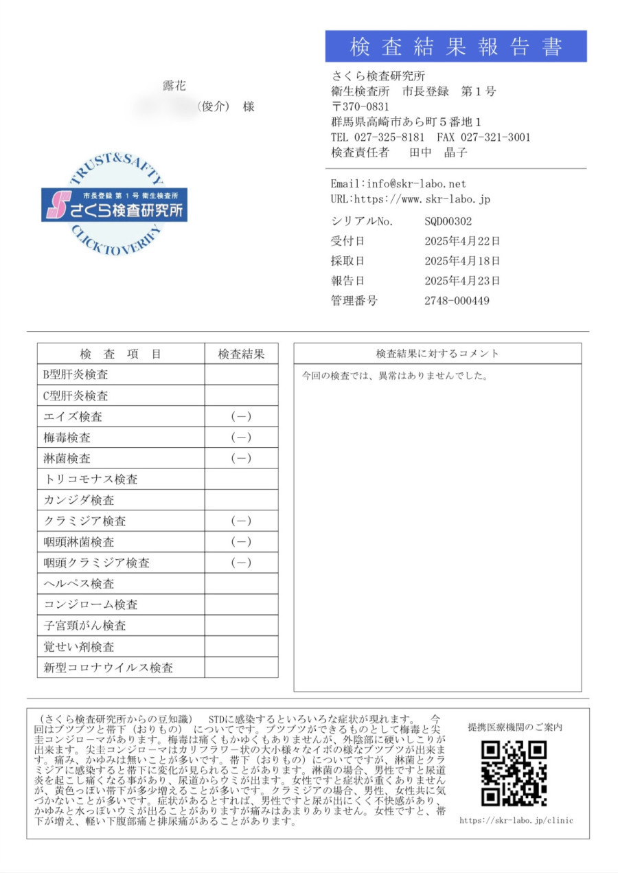 俊介の性病検査証明書