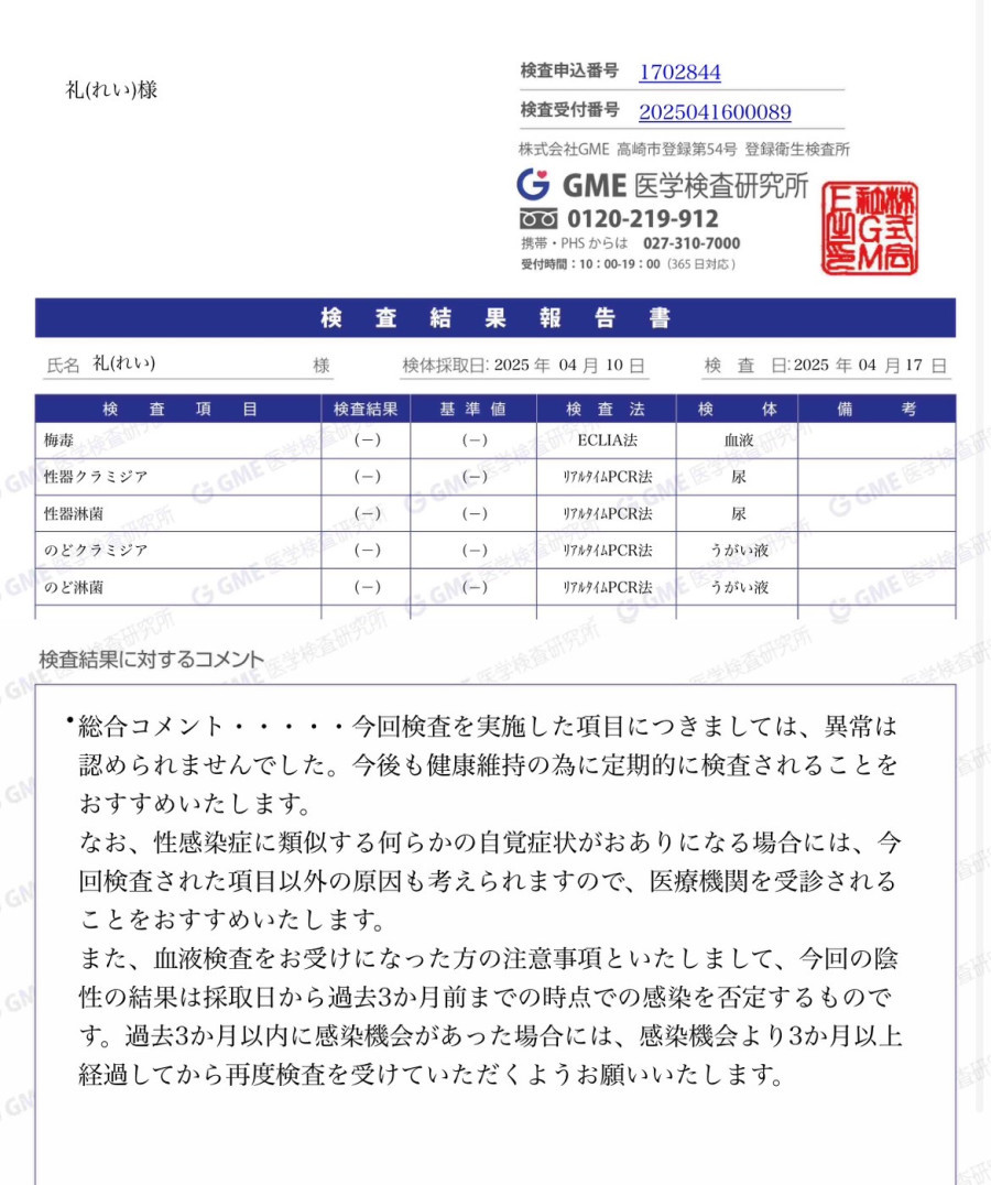 礼の性病検査証明書