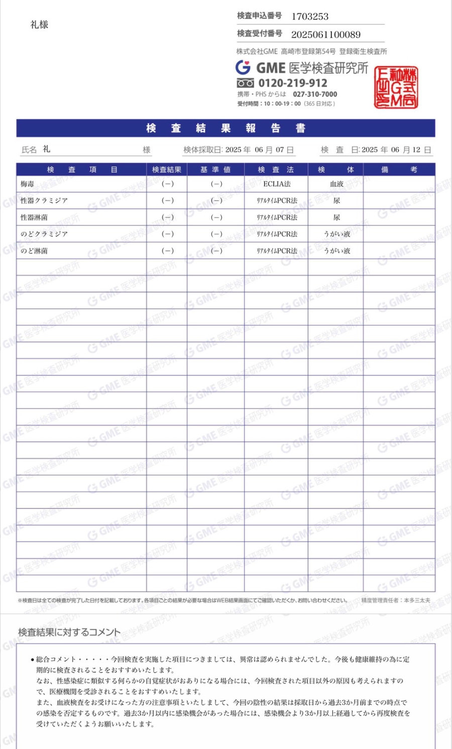 礼の性病検査証明書