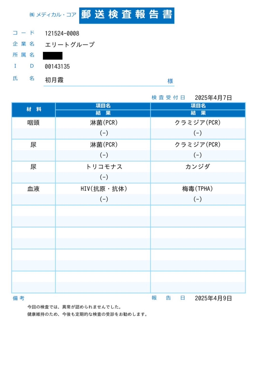 初月 霞の性病検査証明書