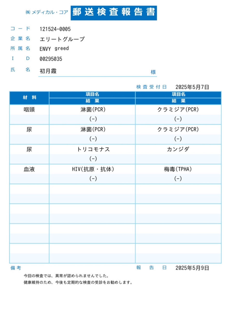 初月 霞の性病検査証明書