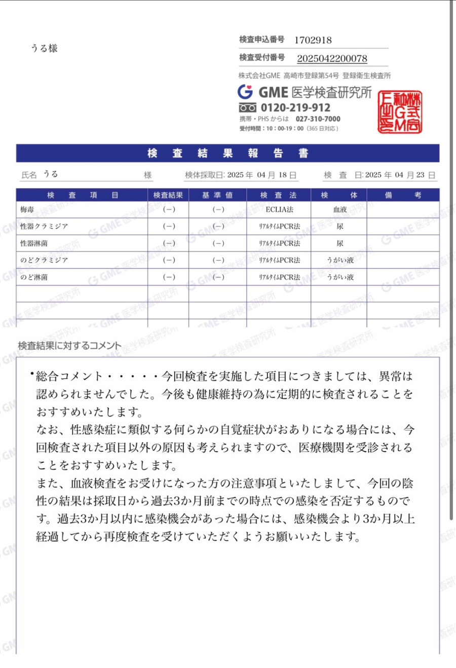 うるの性病検査証明書