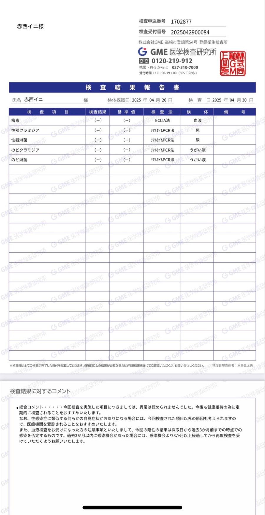 赤西イニの性病検査証明書