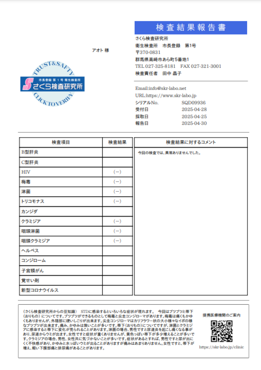 アオトの性病検査証明書