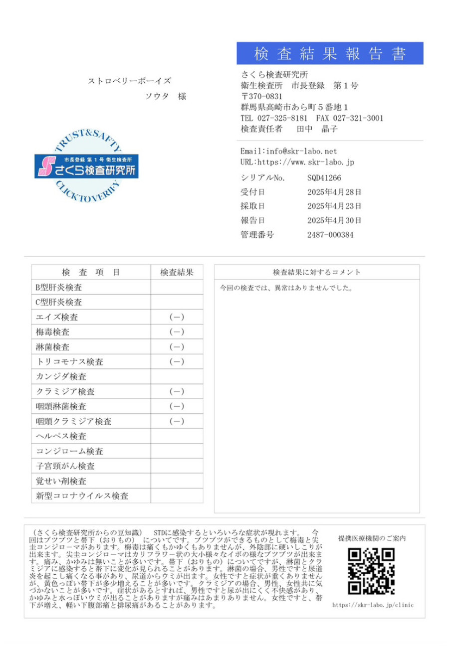 ソウタの性病検査証明書