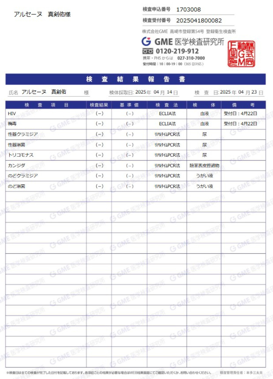 真剣佑の性病検査証明書