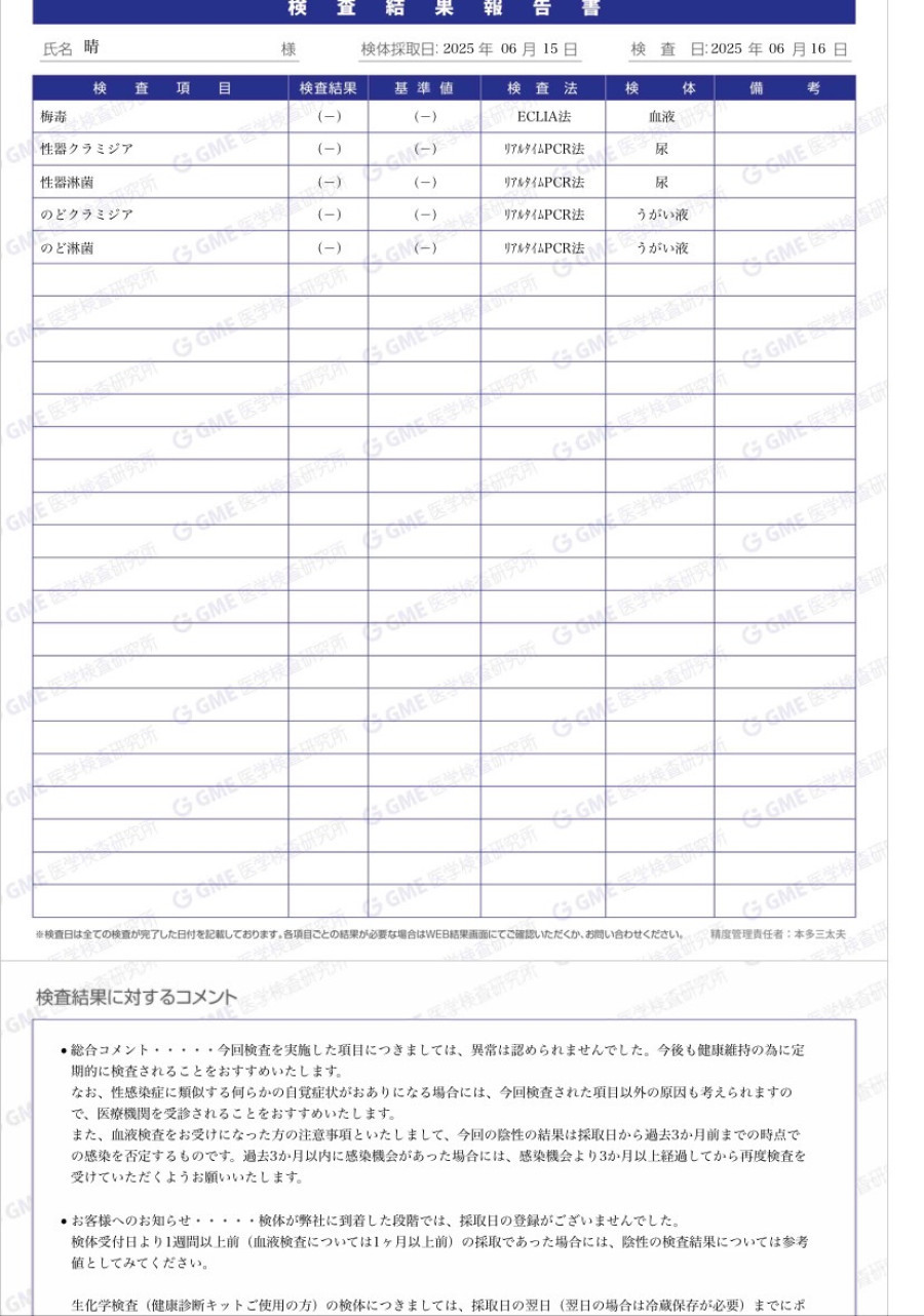 晴の性病検査証明書
