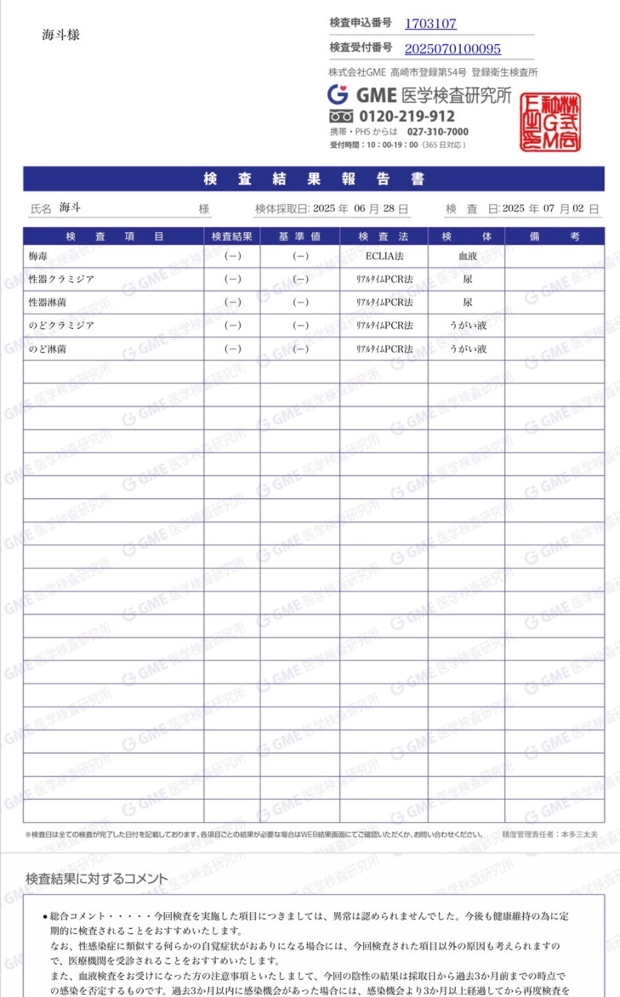 海斗の性病検査証明書