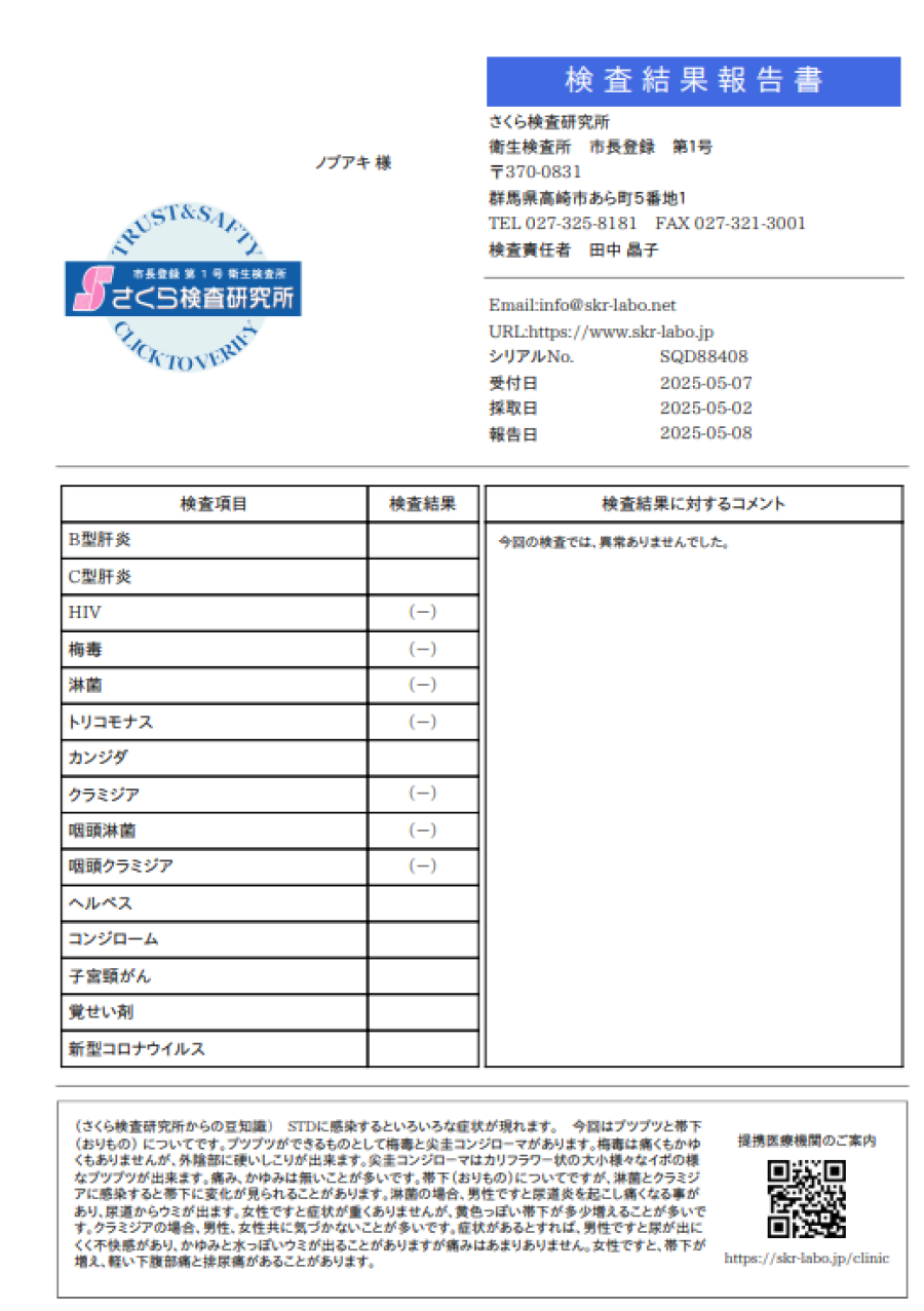 ノブアキの性病検査証明書