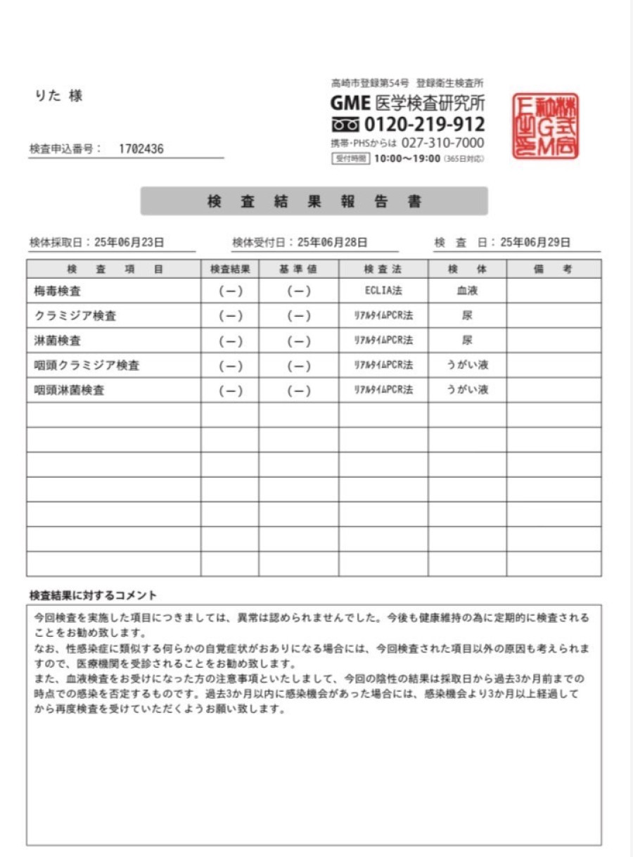 りたの性病検査証明書