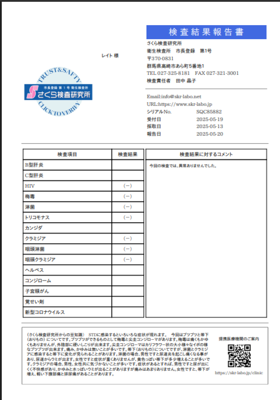 レイトの性病検査証明書