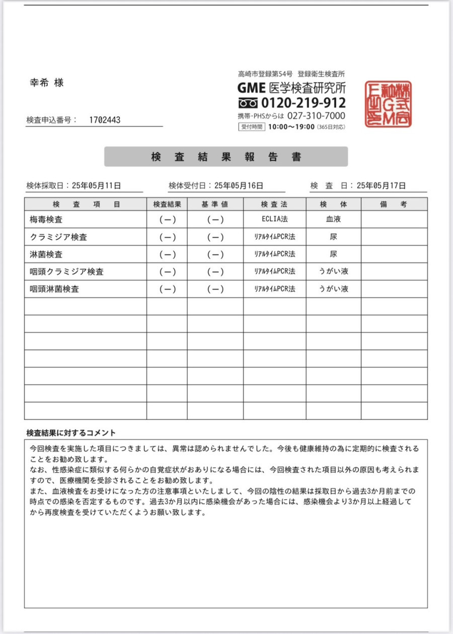 幸希の性病検査証明書