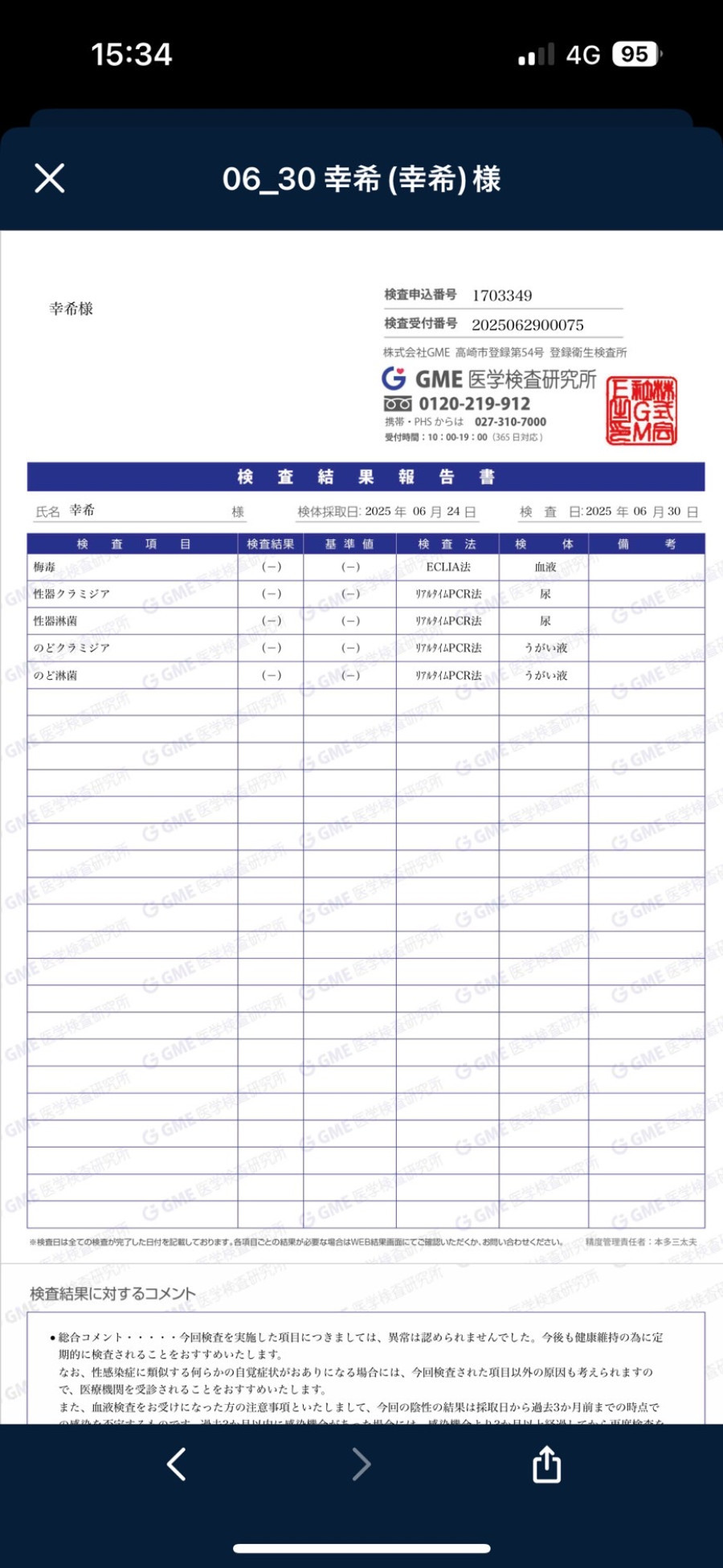 幸希の性病検査証明書